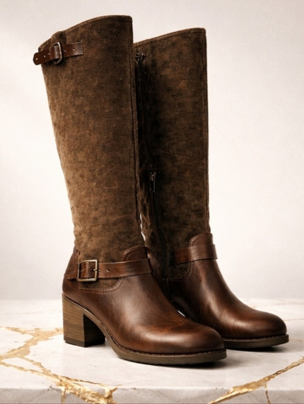 Jessica Simpson Niagara Brown Mixed Suede Knee-High Riding Boots Sz 7 Block Heel